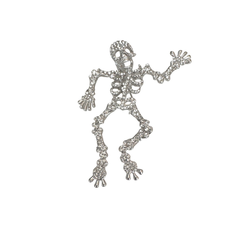 Silver Rhinestone Skeleton Brooch‎ Dancing Skull Halloween Pin Gothic Brooch
